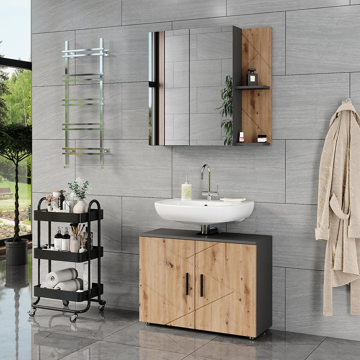 BADMÖBEL-SET Irma Anthrazit/Artisan 2 Teile - Anthrazit/Hellgrau, Holzwerkstoff (80/59/30cm) - Vicco