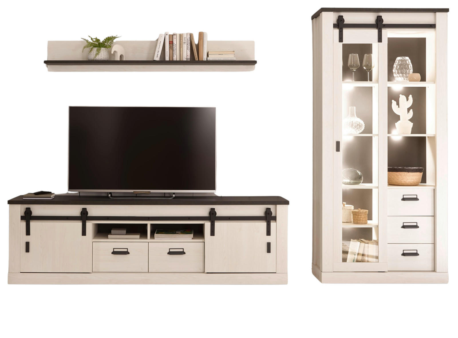 WOHNWAND weiß Pinie, anthrazit Landhaus, Wohnkombination 3-teilig 314 cm - Anthrazit/Weiß, Holzwerkstoff/Metall (314/201/43cm) - Furn.Design