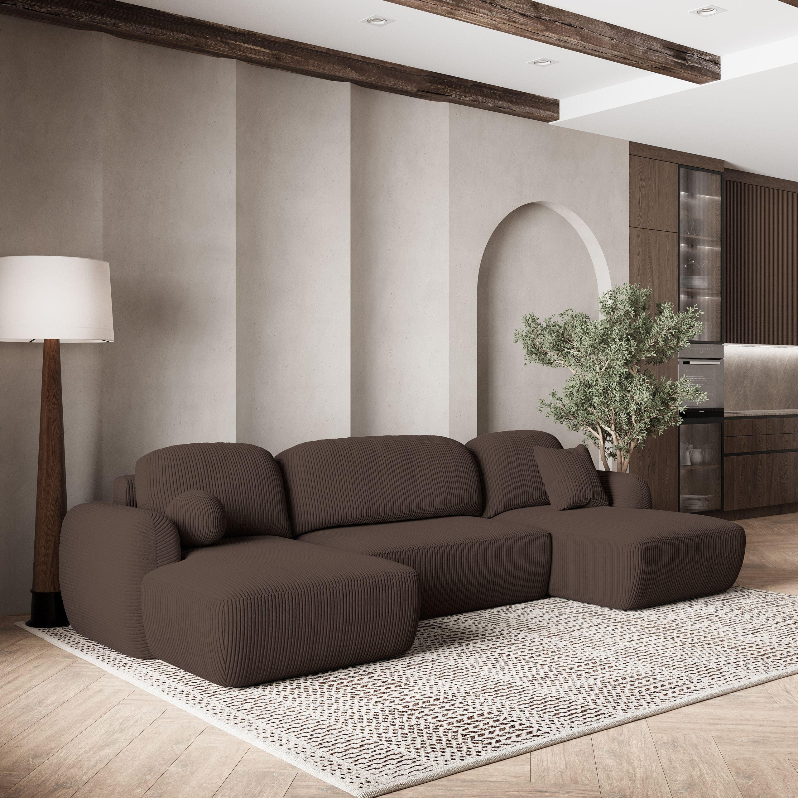 WOHNLANDSCHAFT SAVONA P Braun Kordstoff mit Schlaffunktion - Braun, Holz (350/90/148cm) - MASSENO