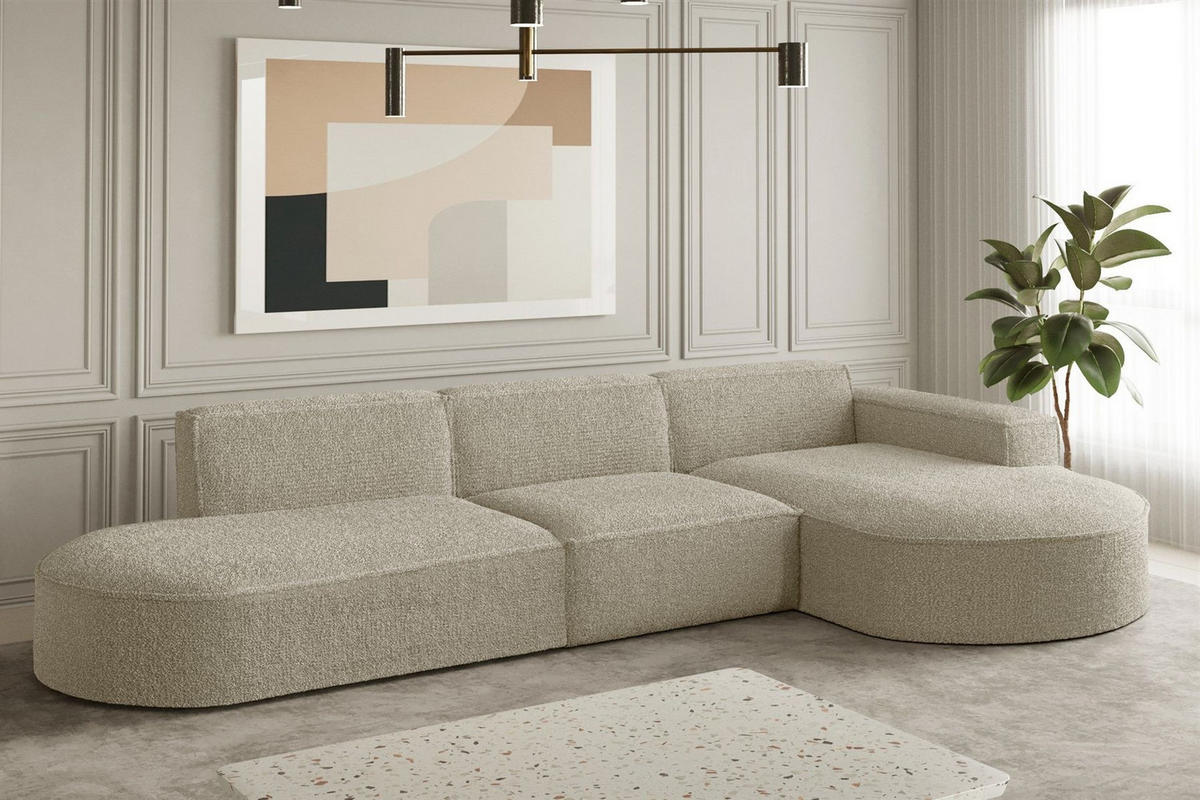 ECKSOFA Ottomane Palma Ascot Bukla - Champagner, Holzwerkstoff/Textil (296/165cm) - Fun Möbel