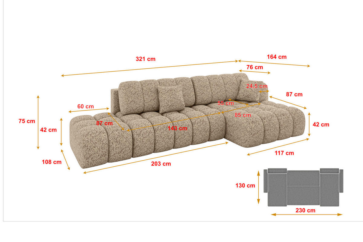 ECKSOFA mit Schlaffunktion Ottomane RECHTS OLEA-L2 321x164x75 Braun Tissu - Alteiche/Schwarz, Holzwerkstoff/Kunststoff (164/321cm) - ALTDECOR