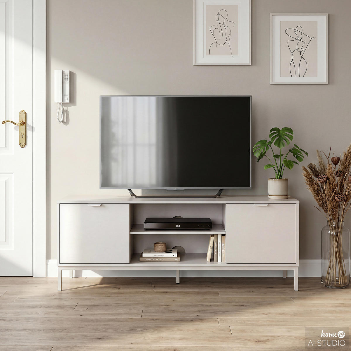 TV-LOWBOARD - Hellgrau - Hellgrau, Holzwerkstoff/Metall (140/54/40cm) - home24