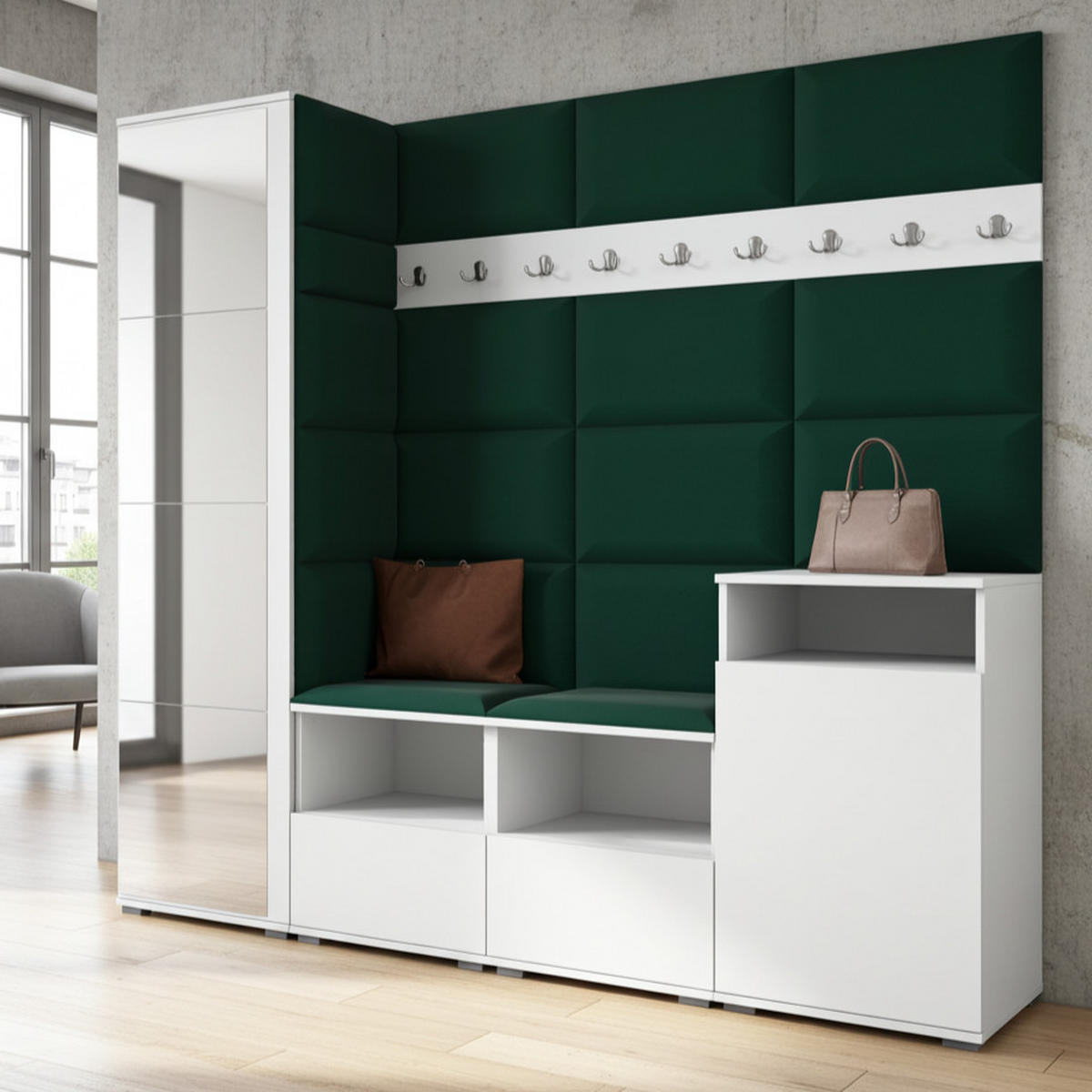 GARDEROBE NELA X 200 cm (Modulare Flurmöbel Weiß mit Spiegel & Sitzpolster Flaschengrün 28 Schrank + Sideboard) - Dunkelgrün/Silberfarben, Holz/Holzwerkstoff (200/187/40cm) - Ravio