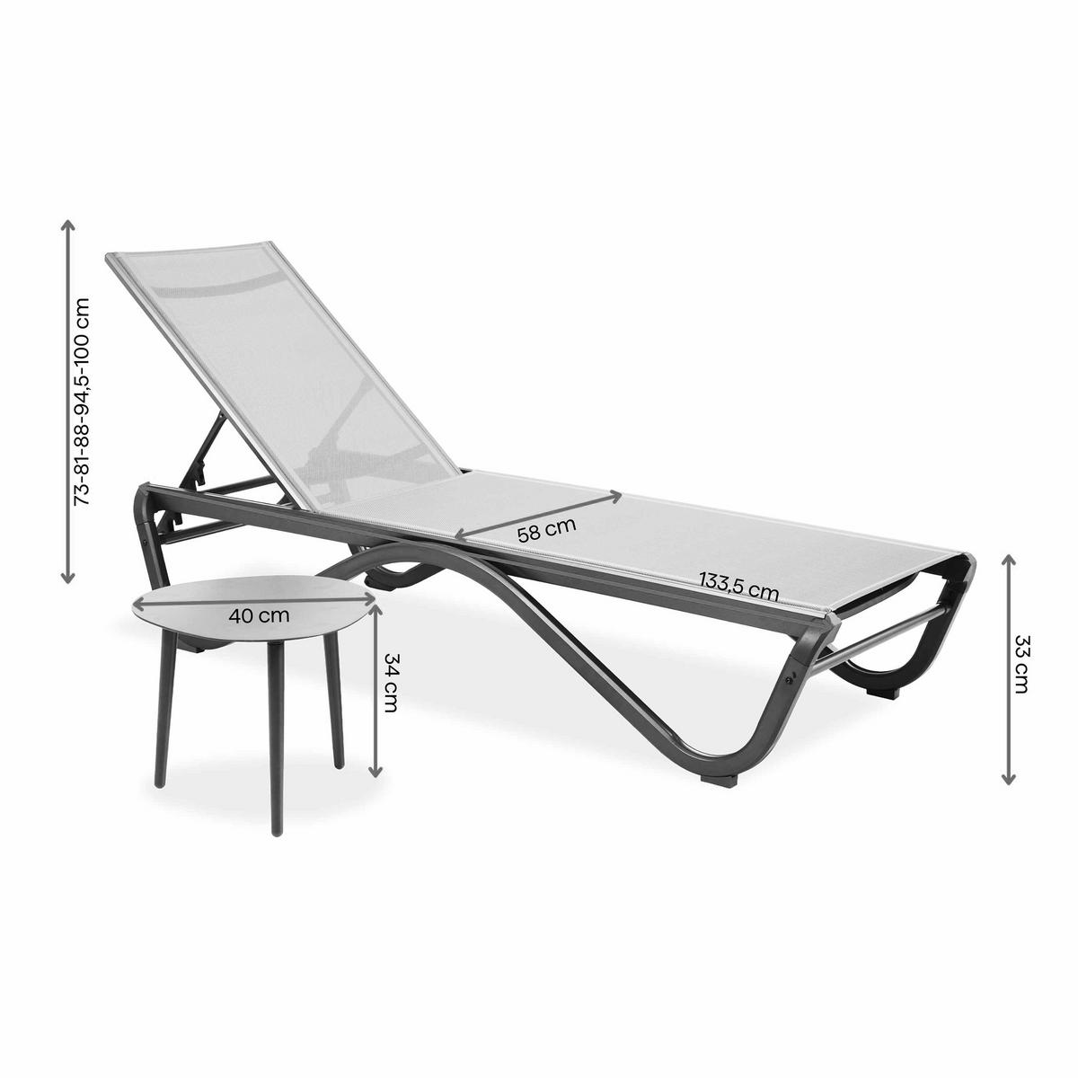 SOMNENLIEGE Marina, 5-stufige Verstellung der Rückenlehne, mit Tisch, Metallrahmen, Grau - Schwarz/Grau, Metall (58/33/133cm) - Beautysofa