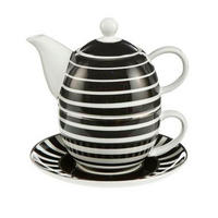 KÜNSTLERTASSE Stripes - Tea for One Chateau schwarz-weiß New Bone China - Schwarz, Keramik (0.35L) - Goebel