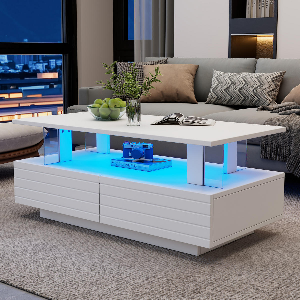 COUCHTISCH mit LED 100 x 50 cm Acryl Weiß mit 2 Schubladen - Weiß, Holz (100/50/42cm) - Meubliv