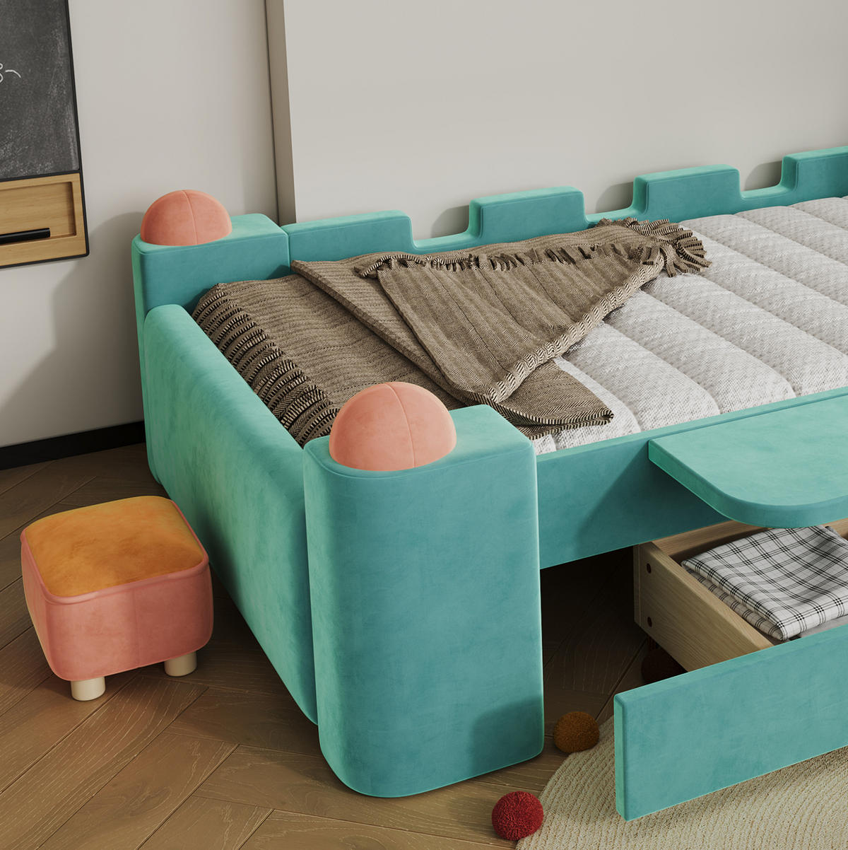 BETT90X200 cm in Blaugrün mit Stauraum-Schublade und Ablage - Blau, Holz (90/200cm) - Flora Grace