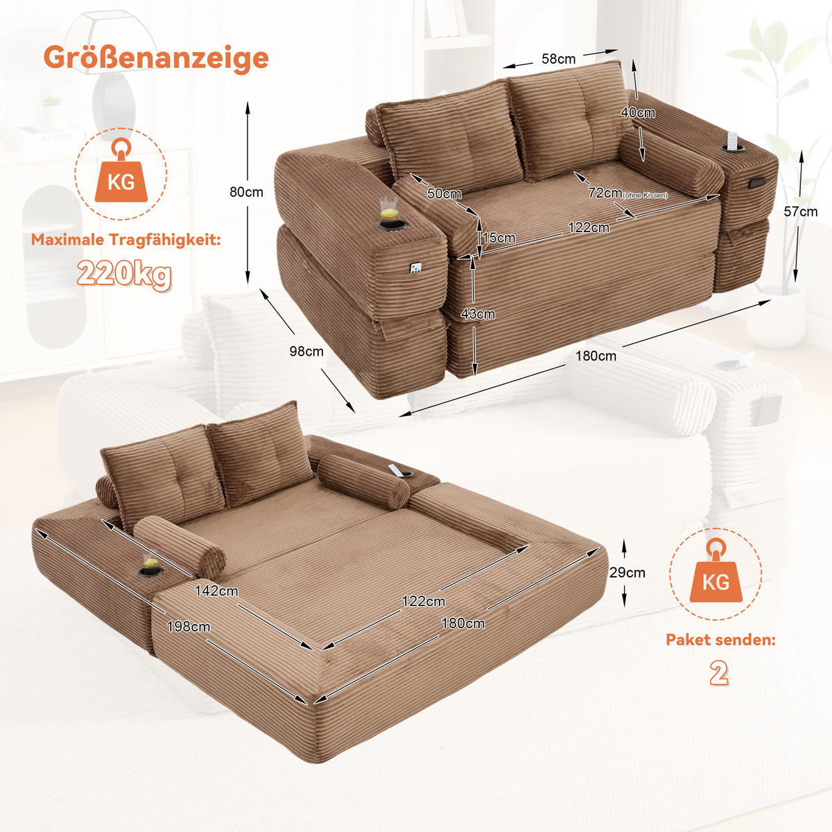 SCHLAFSOFA mit Cordbezug, Memory-Kissen, Getränkehalter und Seitentaschen - Braun, Textil (180/80/98cm) - EVRYAE
