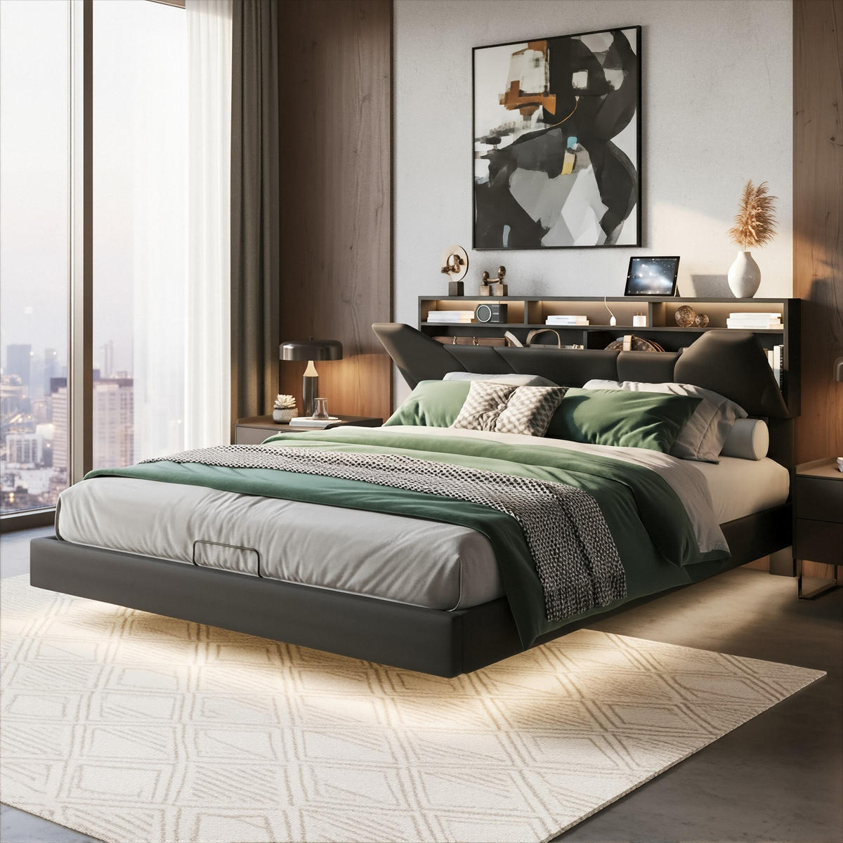 POLSTERBETT Modern 140/200 cm mit Bettkasten & App-LED Kunstleder Schwarz - Schwarz, Textil (140/200cm) - Creahappy