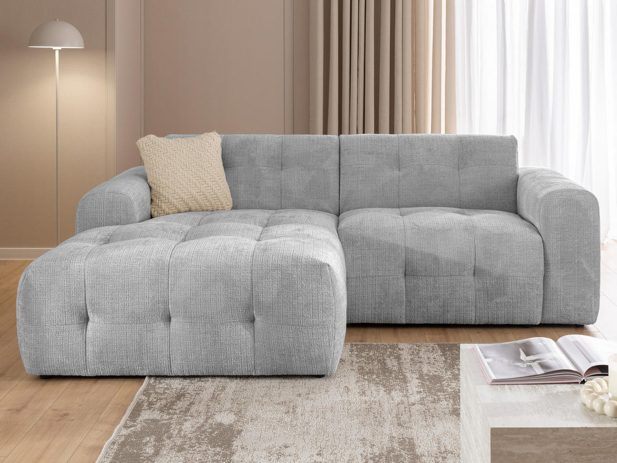 ECKSOFA Kozy im Bumpy-Design mit fester Rückenlehne aus weichem Hellgrau Chenille-Stoff - Ottomane links - Hellgrau/Schwarz, Holz/Kunststoff (161/234cm) - S-Style Möbel