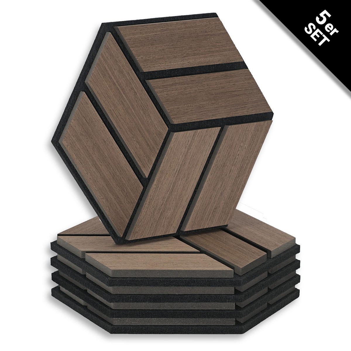 AKUSTIKPANEEL Hexagon Braun 5 Stück - Braun, Holz (30/26/2cm) - Homestyle4u
