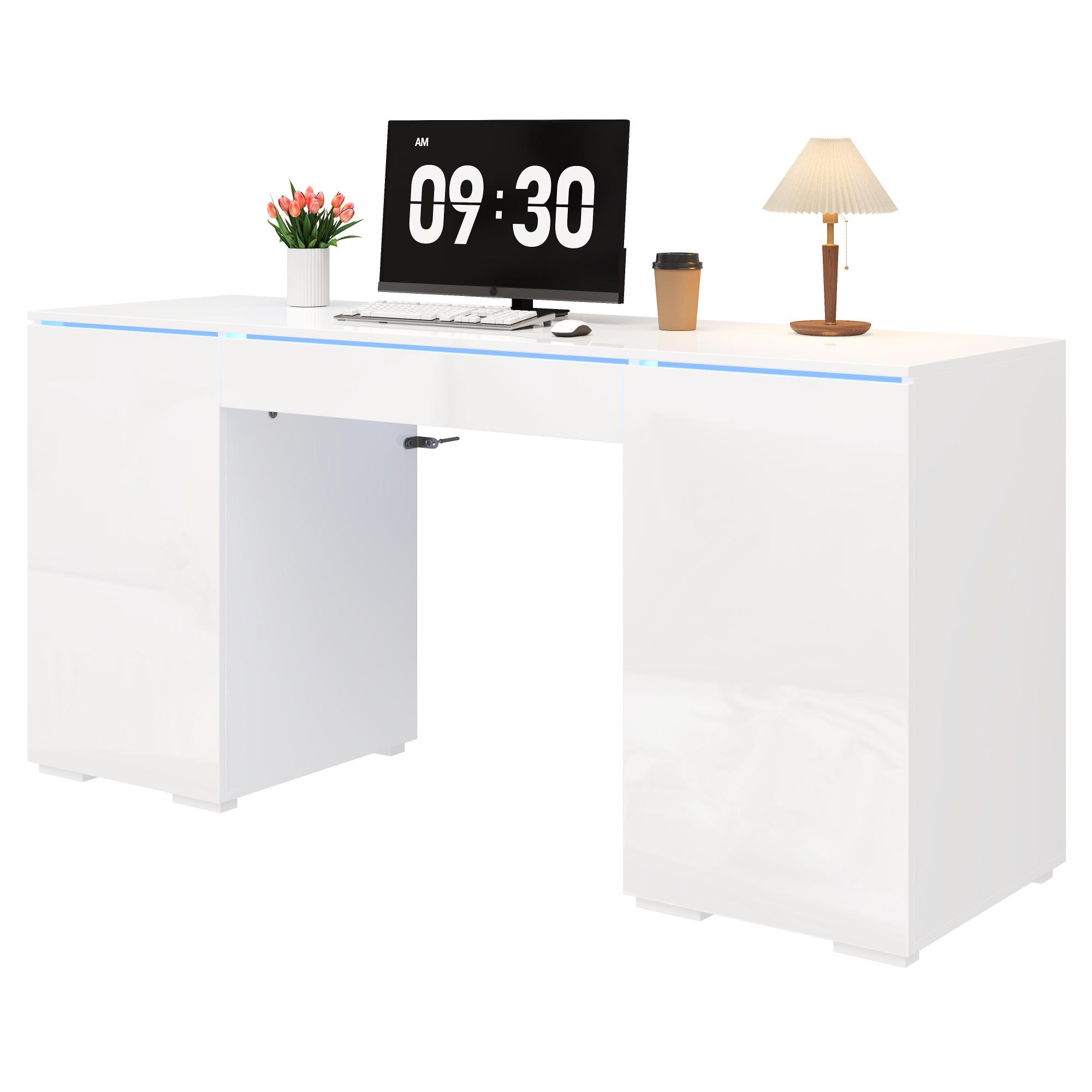 COMPUTERTISCH mit LED Beleuchtung und Schublade 140x50cm - Weiß, Holzwerkstoff (50/140/78cm) - Gisaae