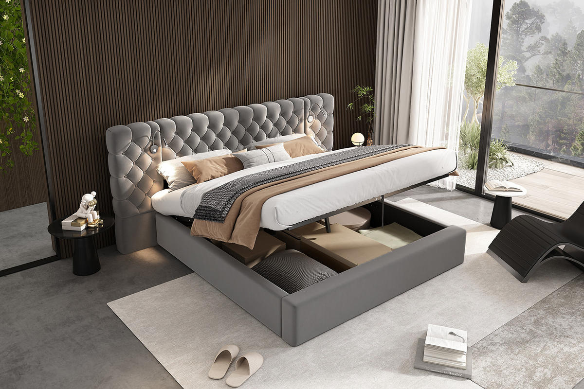 POLSTERBETT 180/200 cm in Grau Samt mit Bettkasten und LED - Grau, Holzwerkstoff/Textil (180/200cm) - CHICFURN