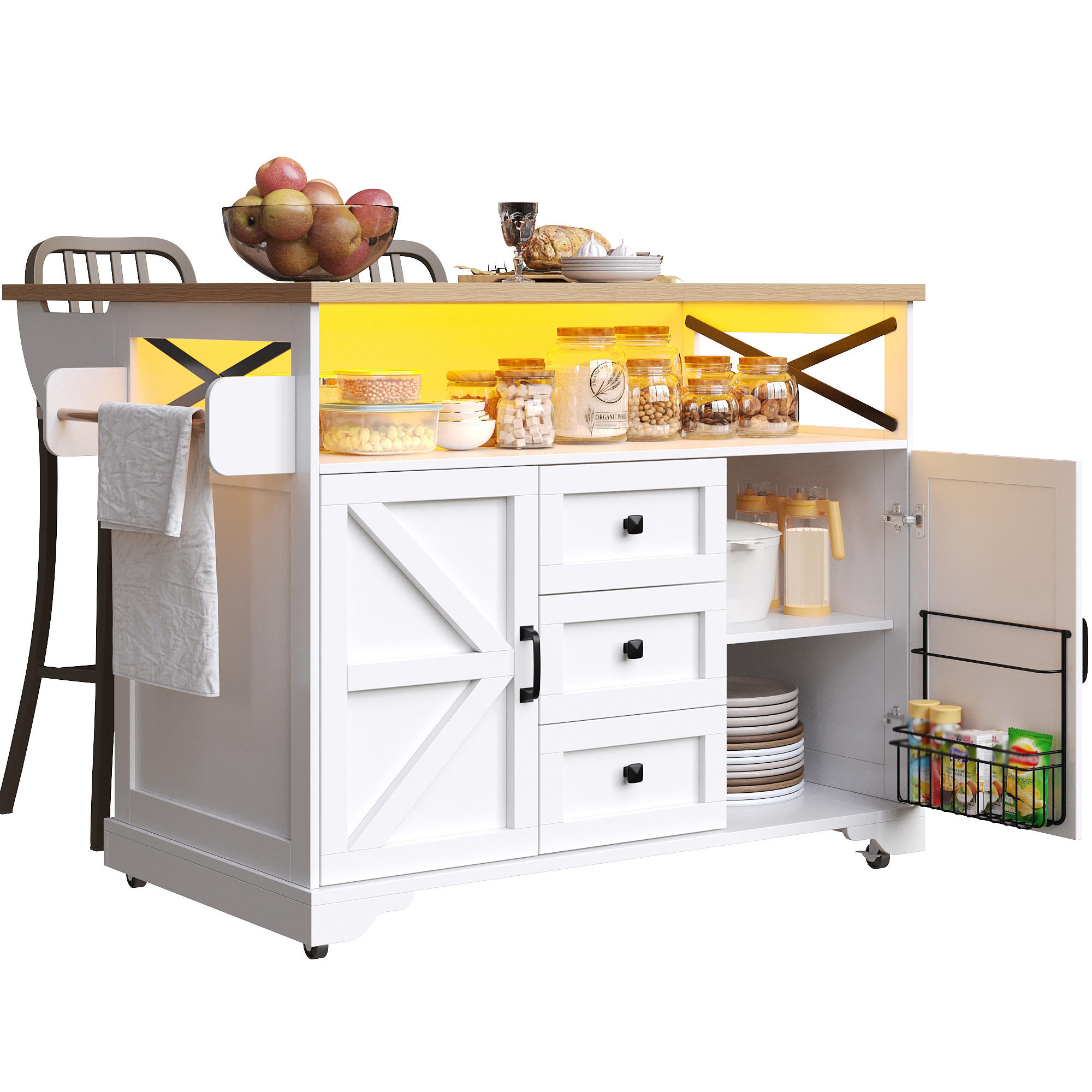KÜCHENINSEL 120/43/98 cm weiß aus MDF mit klappbarer Platte - Weiß, Holzwerkstoff (120/98/43cm) - OKWISH