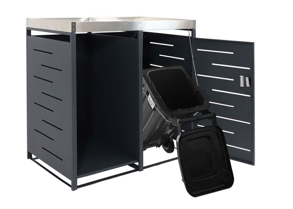 1ER-MÜLLTONNENBOX MIT HOLZLAGER rechteckig Anthrazit - Anthrazit, Metall (130/125/80cm) - MCW