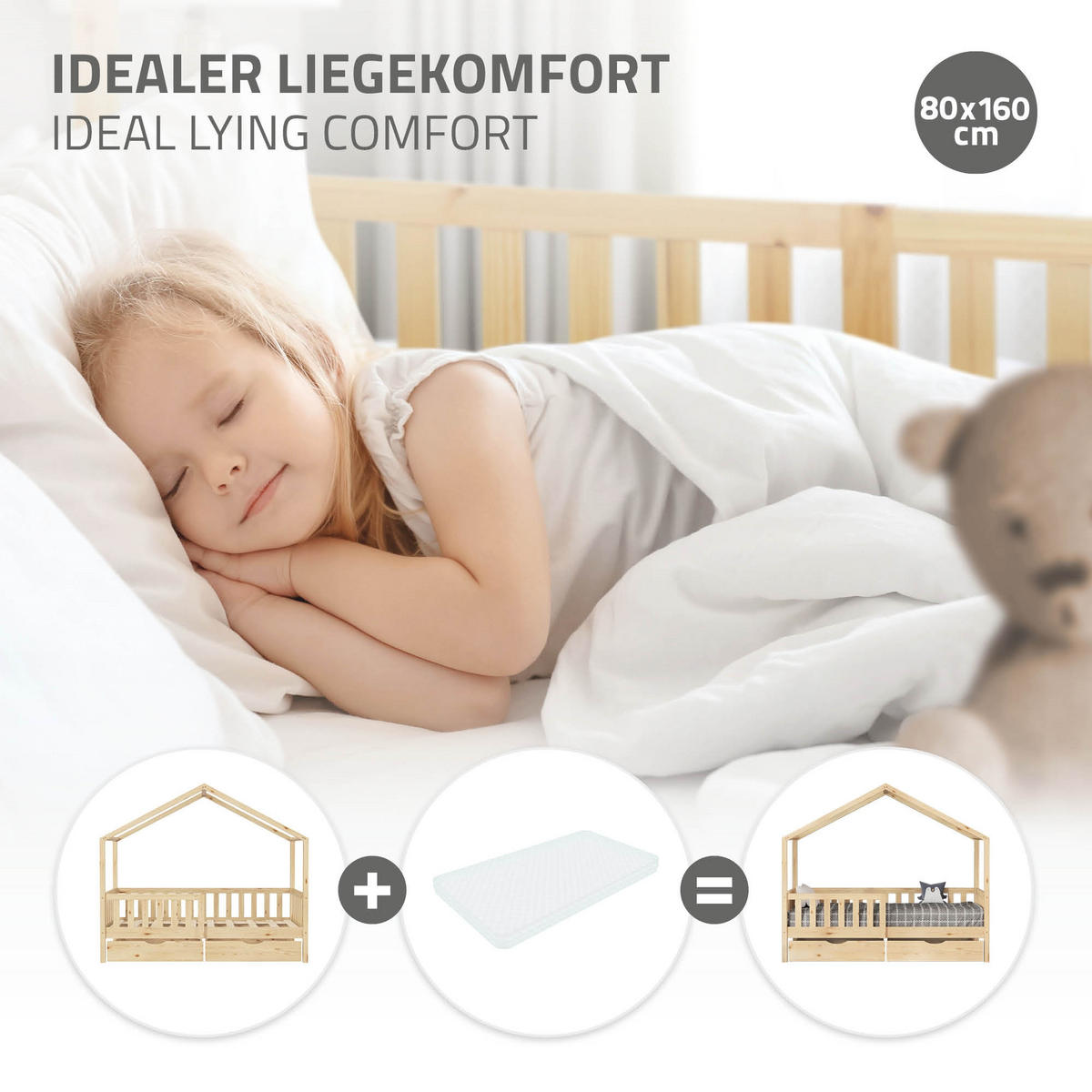 HAUSBETT 80x160 cm Natur aus Kiefernholz mit 2 Schubladen und Rausfallschutz - Beige, Holz (80/160cm) - ML-DESIGN