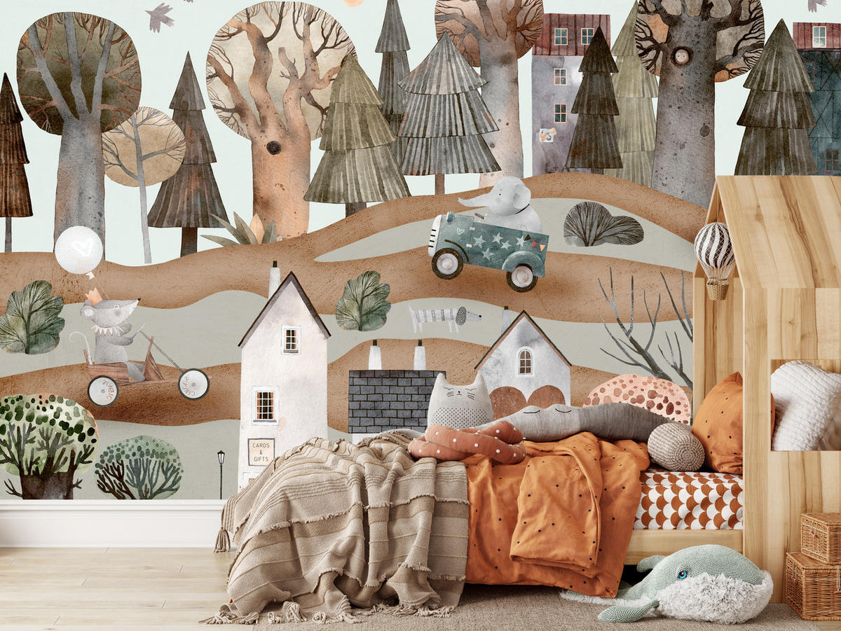 FOTOTAPETE für Kinderzimmer Fantastische Stadt Häuser Wald Tiere Autos 250x175 - Beige/Braun, Papier (250/175cm) - Muralo