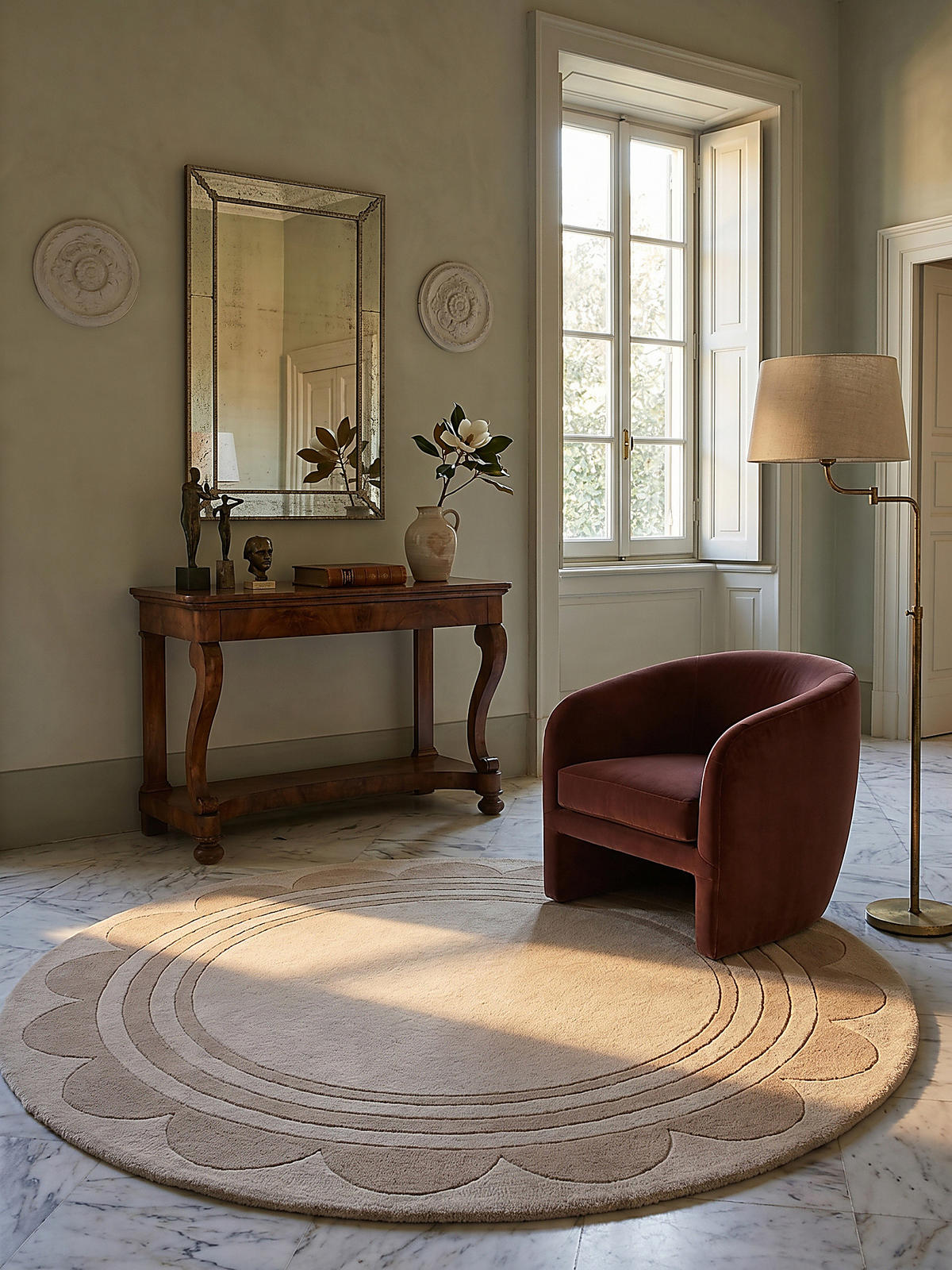 WOLLTEPPICH Grafisches Muster, Rahmen, Wohnzimmer schmutzabweisend Beige Rund 120x120 - Beige, Textil (120/120cm) - KADIMA DESIGN