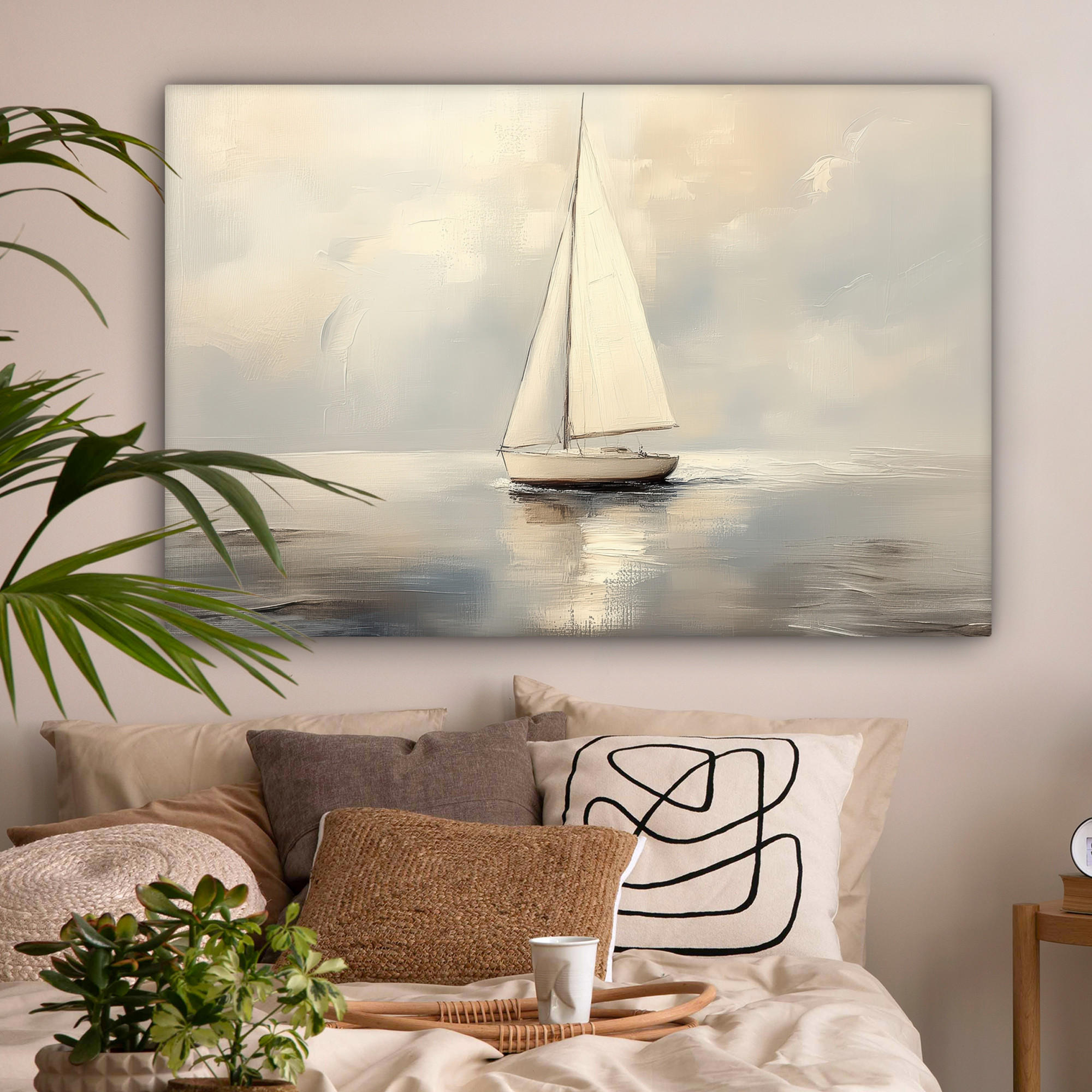 LEINWANDBILD Segelschiff - Meer - Bewölkt XXL 150x100 cm - Creme, Textil (150/100cm) - MuchoWow