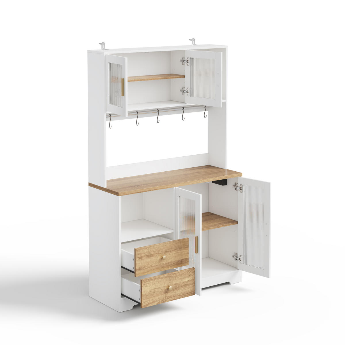 BUFFET 178 cm MDF Natur Weiß mit RGB-LED, Weinregal und Glasfront - Weiß, Holzwerkstoff (40/178/110cm) - Korfee