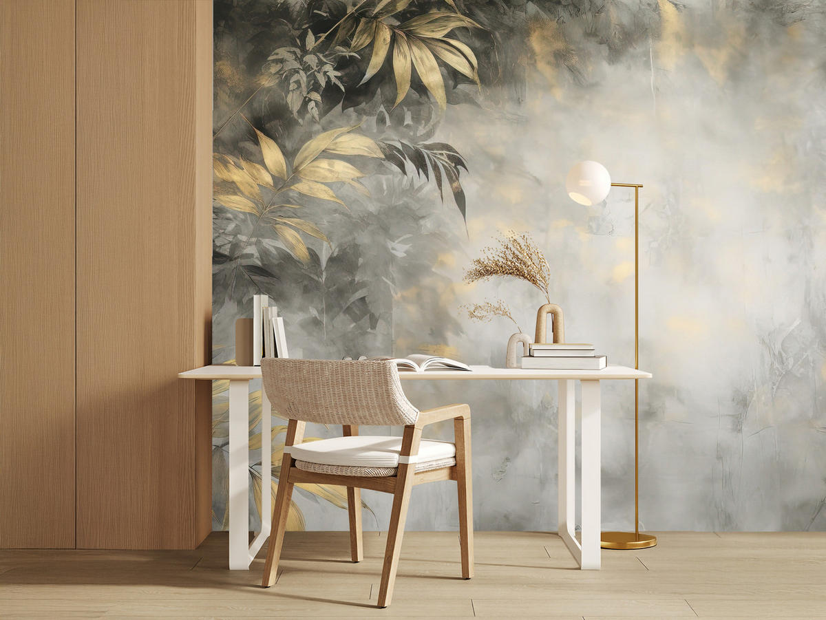 FOTOTAPETE Blätter Beton Abstraktion Vintage 350x256 - Gelb/Beige, Papier (350/256cm) - Muralo