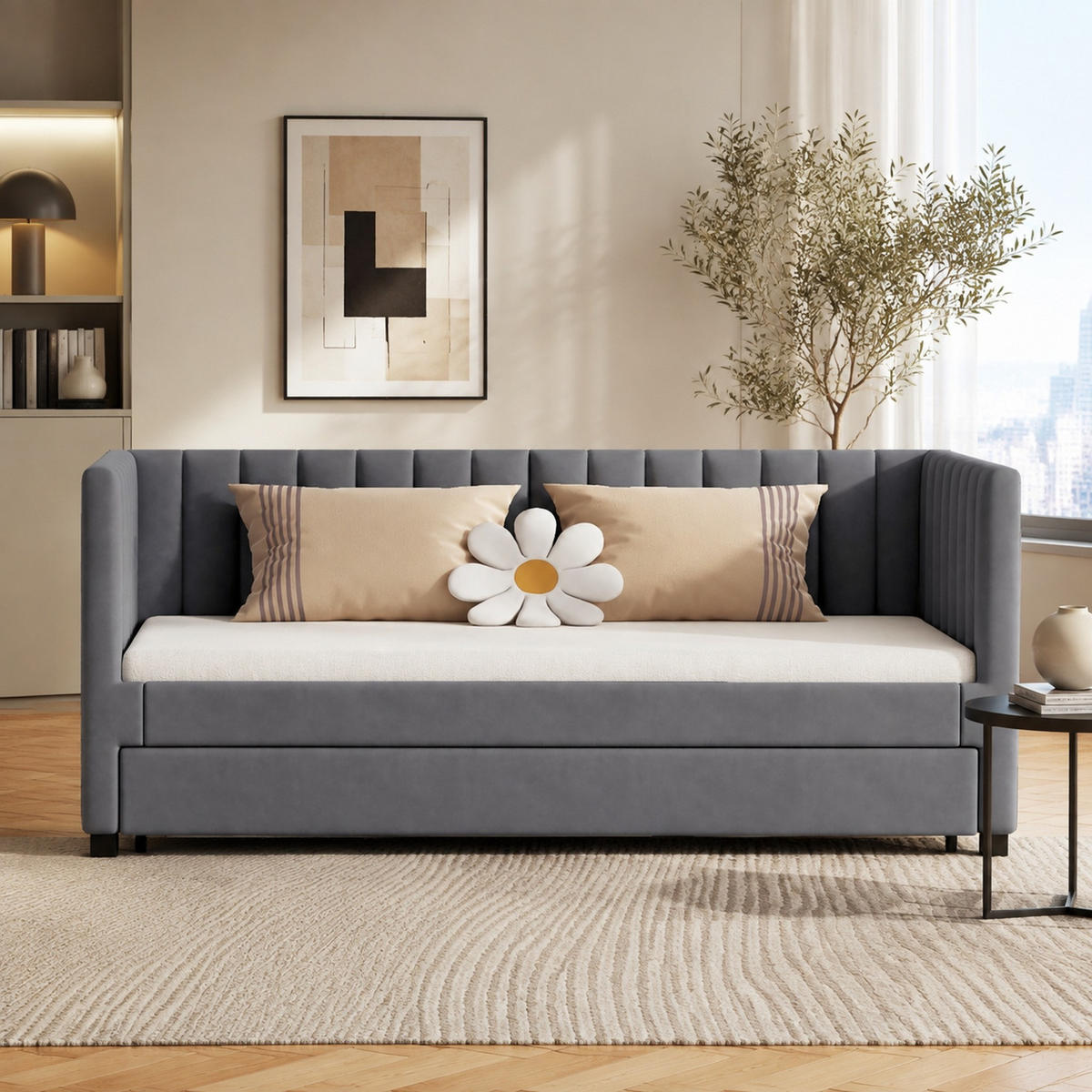 POLSTERBETT 90/200 mit Ausziehbett, Lattenrost und Samtstoff in Grau - Grau, Holzwerkstoff/Textil (90/200cm) - EVRYAE