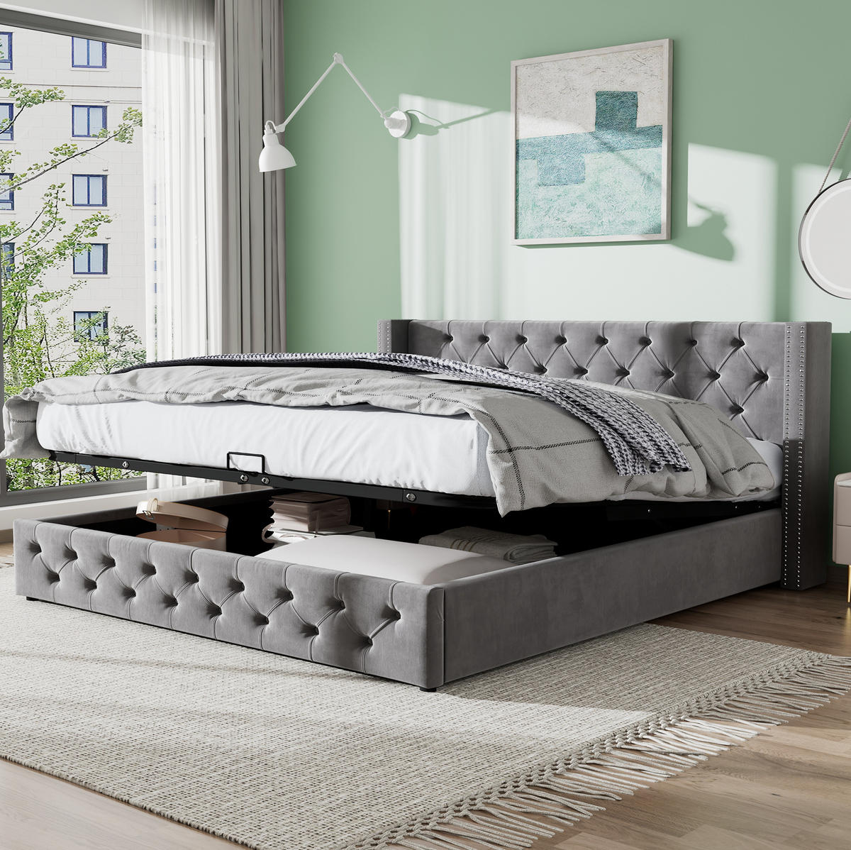 POLSTERBETT 140/190 cm Grau aus Samt mit Bettkasten und hydraulischer Funktion - Grau, Textil (140/200cm) - Flora Grace