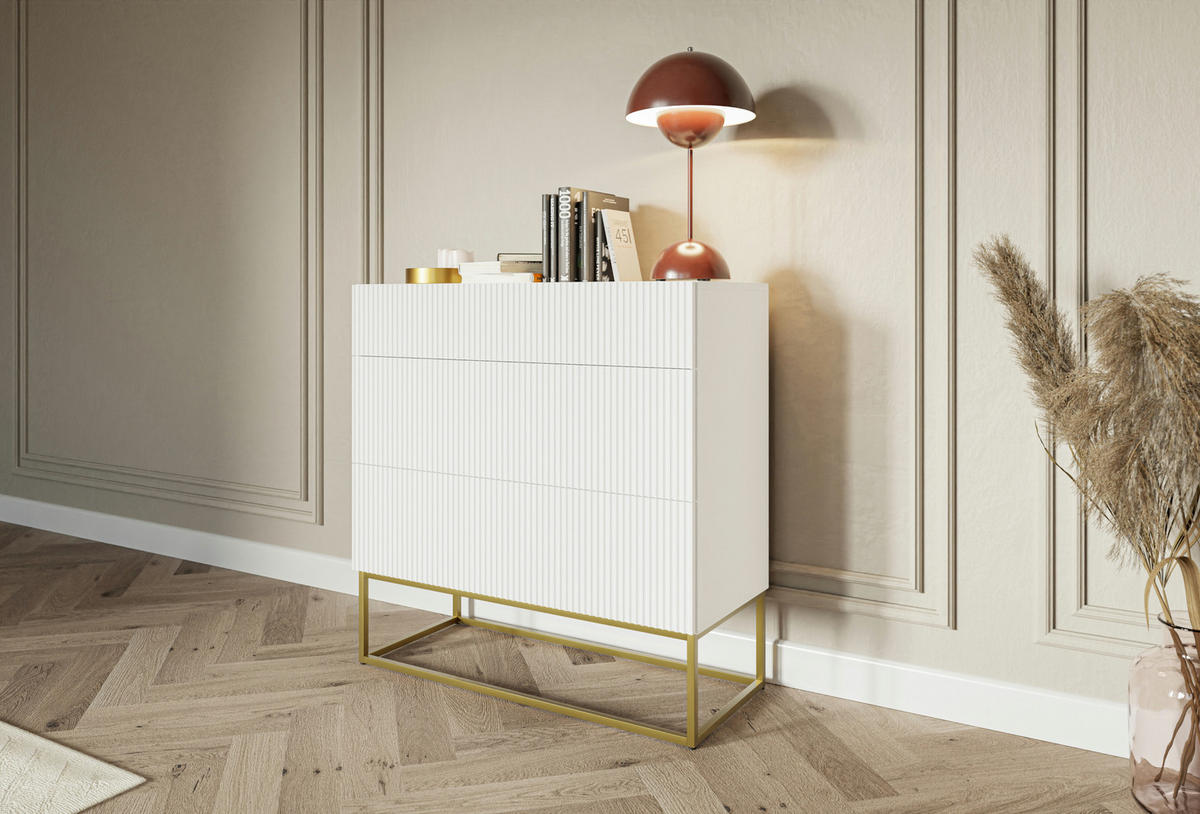 KOMMODE Veldio Weiß mit 3 Schubladen 90 cm - Goldfarben/Weiß, Holzwerkstoff/Metall (90/90/38cm) - Selsey