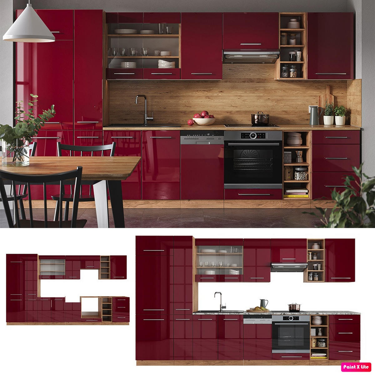 KUHINJSKI BLOK Fame-Line Bordeaux visok sijaj/zlati hrast 355 cm , DP Antracit - bordo/medeni hrast, leseni material (355/81.6/60cm) - Vicco