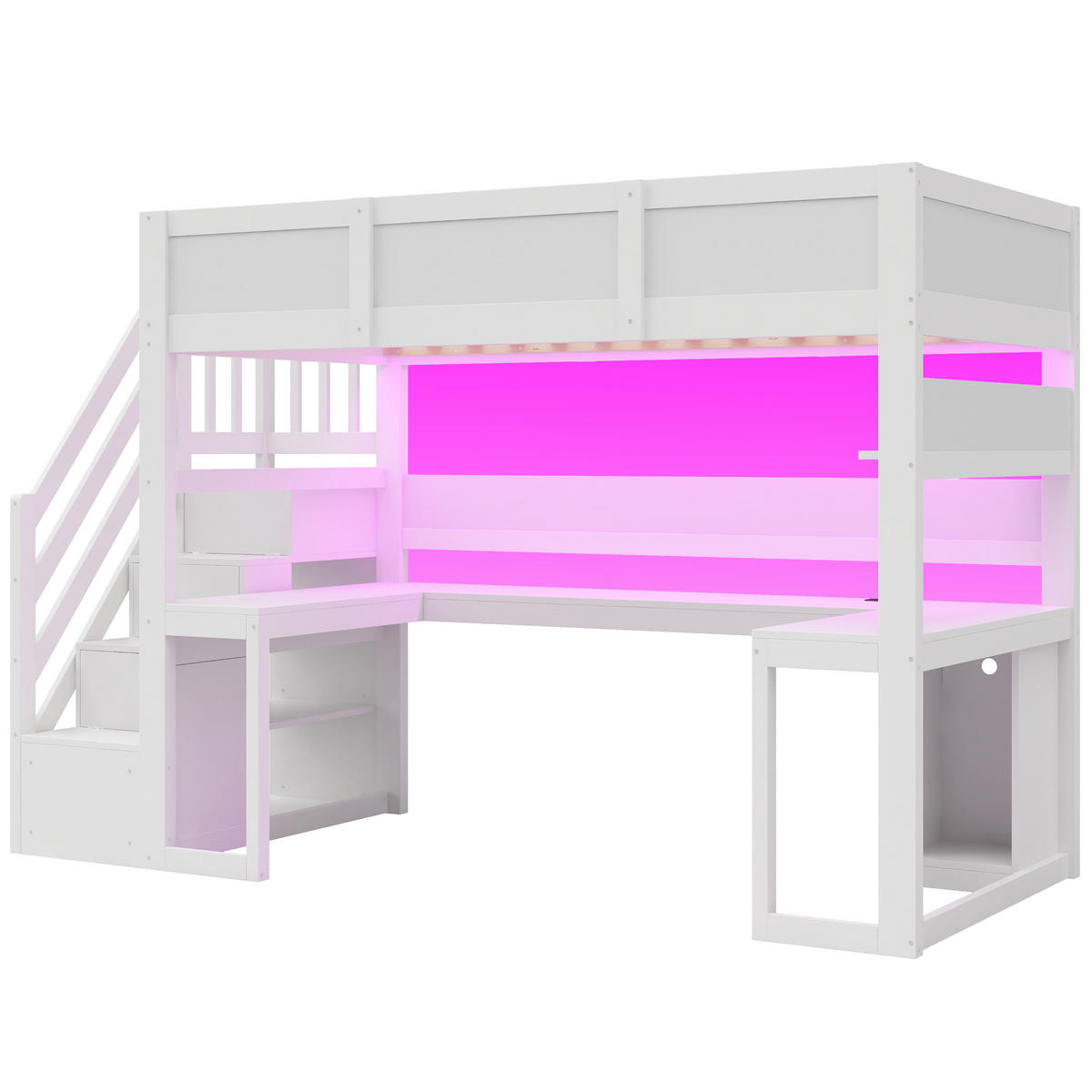HOCHBETT 90 x 200 cm Schreibtisch LED-Beleuchtung und USB-Anschluss, Weiß - Weiß, Holz (90/200cm) - KOMHTOM