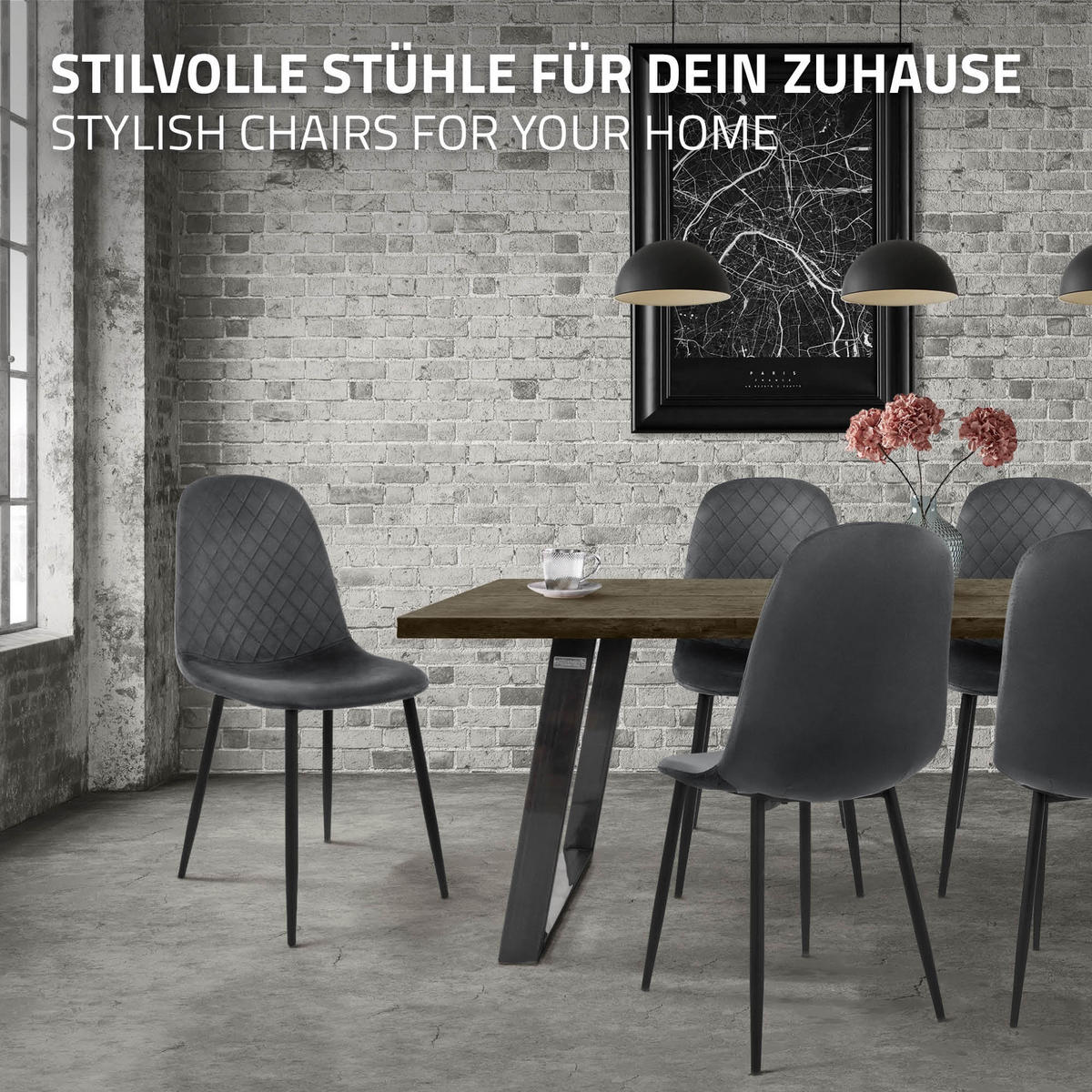 JÍDELNÍ ŽIDLE, sada 4 ks, antracitový samet - černá/antracitová, kov/textil (51/89/44cm) - ML-DESIGN