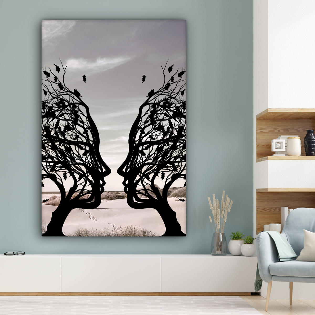 SLIKA NA PLATNU Plaža drevo 90x140 cm - svetlo siva, tekstil (90/140cm) - MuchoWow