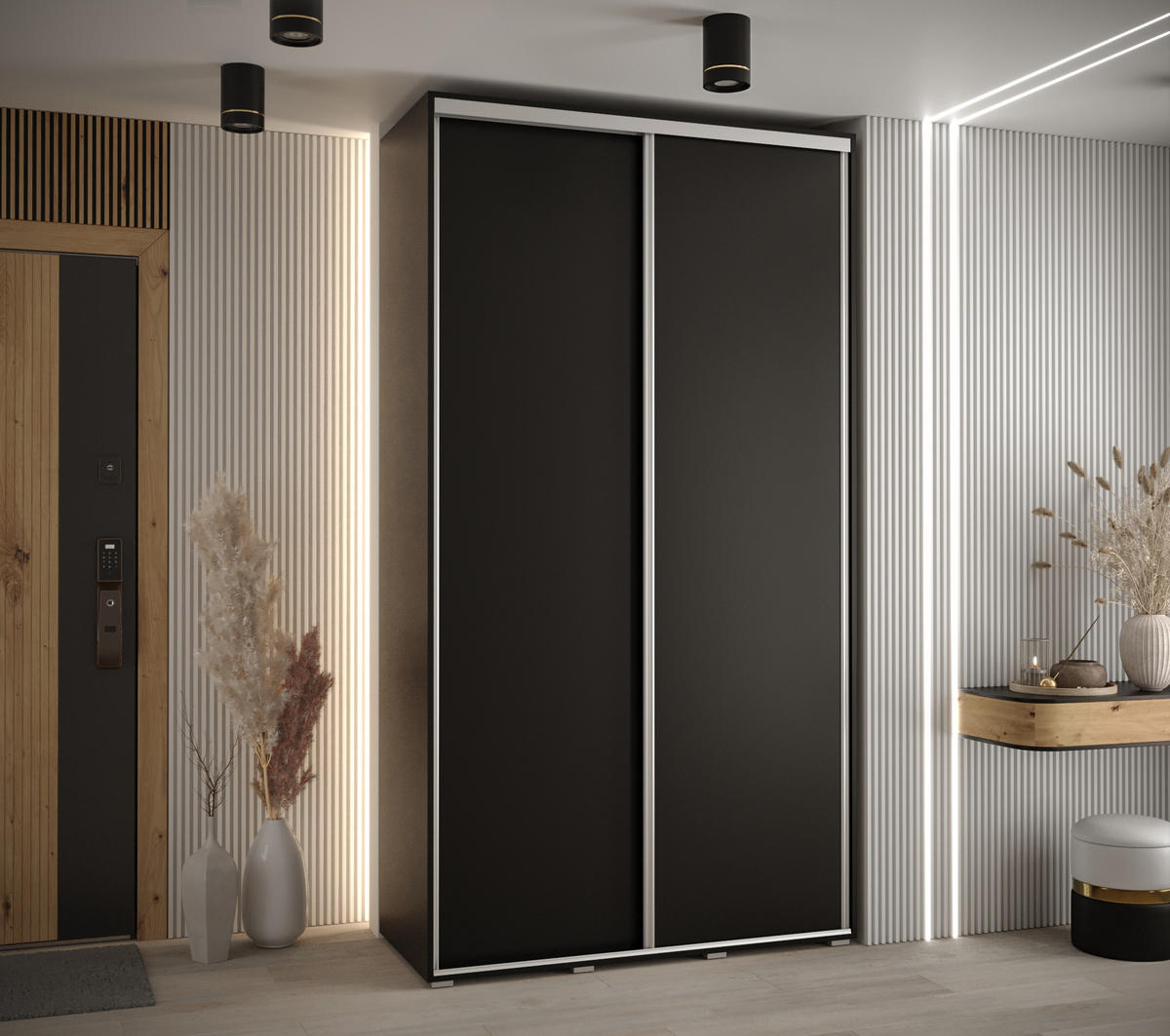 SCHWEBETÜRENSCHRANK 235,2/140/60 2-türig - Silberfarben/Schwarz, Holz/Metall (140/235/60cm) - Abiks Möbel