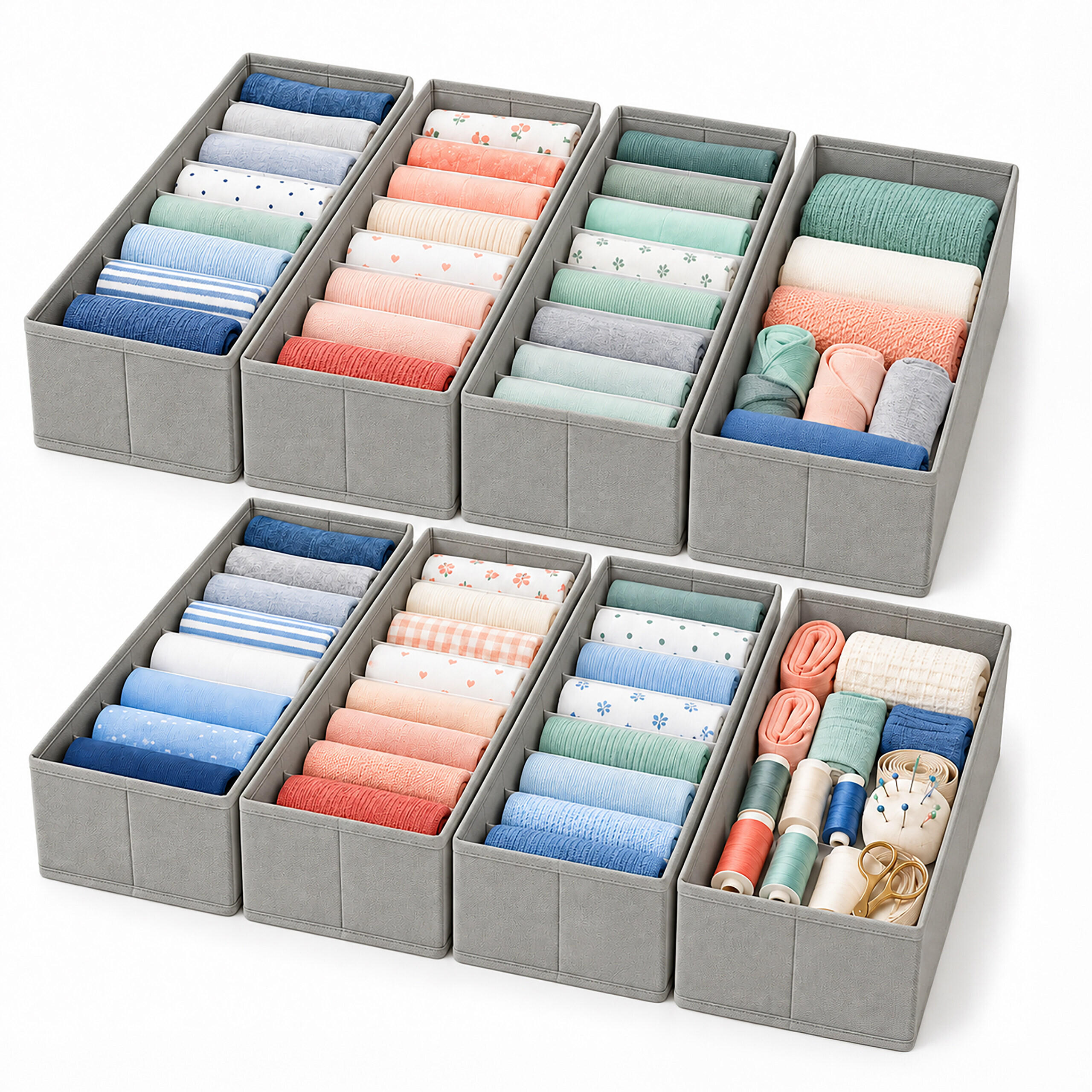 SCHUBLADENORGANIZER Hellgrau 8-teiliges-Set - Grau, Papier/Textil (17/11/40cm) - Relaxdays