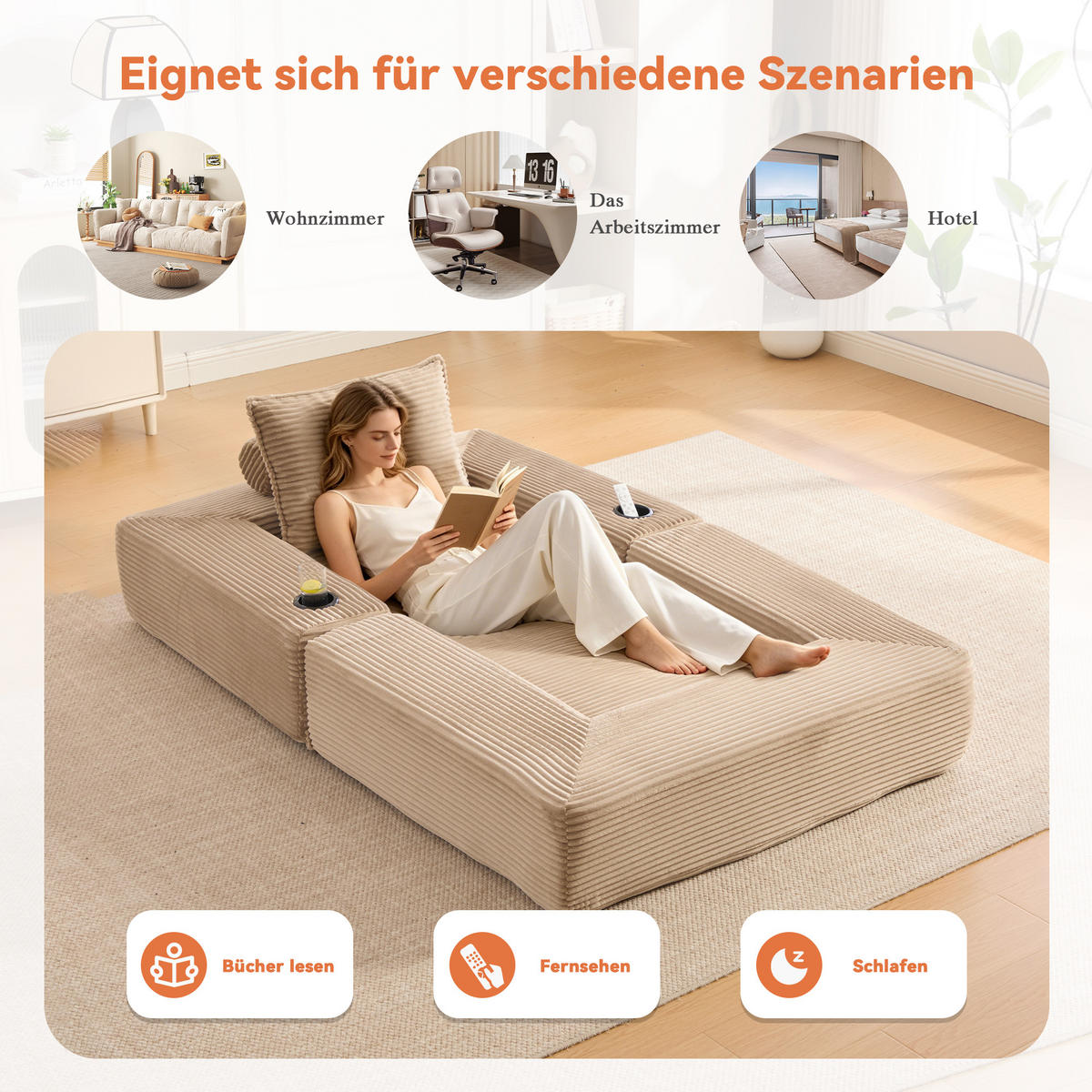 SCHLAFSOFA mit Klappfunktion, Seitentasche und Getränkehalter aus Cord - Taupe, Textil (122/80/98cm) - EVRYAE