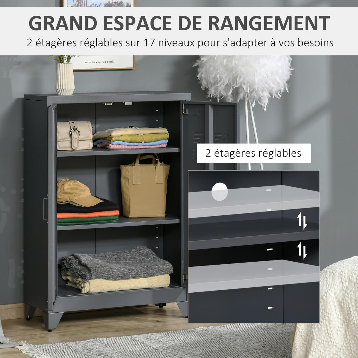 AKTENSCHRANK DE-14410 2 Türen mit verstellbaren Böden Grau - Grau, Metall (33/110/75cm) - ComfortXL