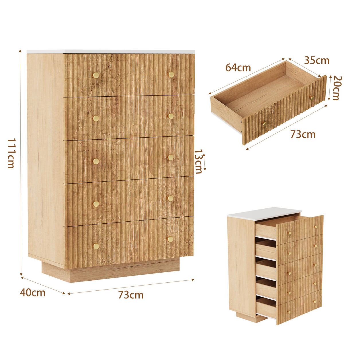 KOMMODE Riffel-Design mit 5 Schubladen & Sockel-LED 73/40/111 cm Eiche-Dekor - Eichefarben, Holzwerkstoff (73/111/40cm) - Creahappy