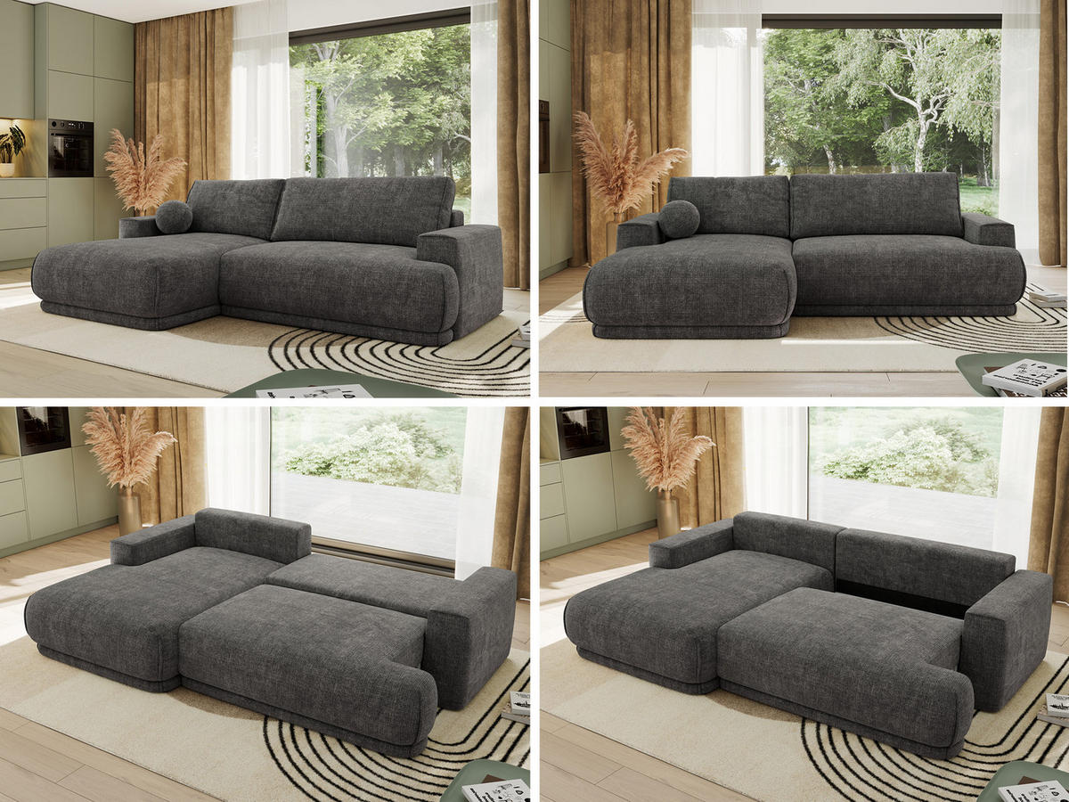 ECKSCHLAFSOFA RINA L Grau Schenille grob gewebt - links - Schwarz/Grau, Kunststoff/Textil (267/170cm) - MKS