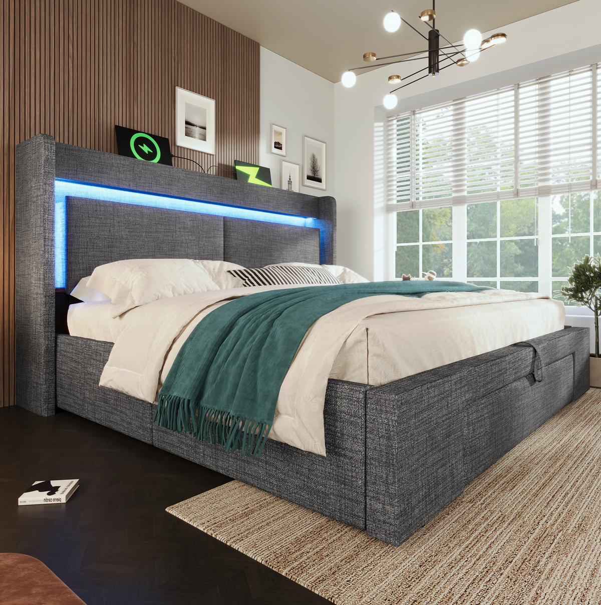 BETT mit Stauraum und LED 160x200 cm Leinen Grau inkl. Matratze - Grau, Metall (160/200cm) - Meubliv