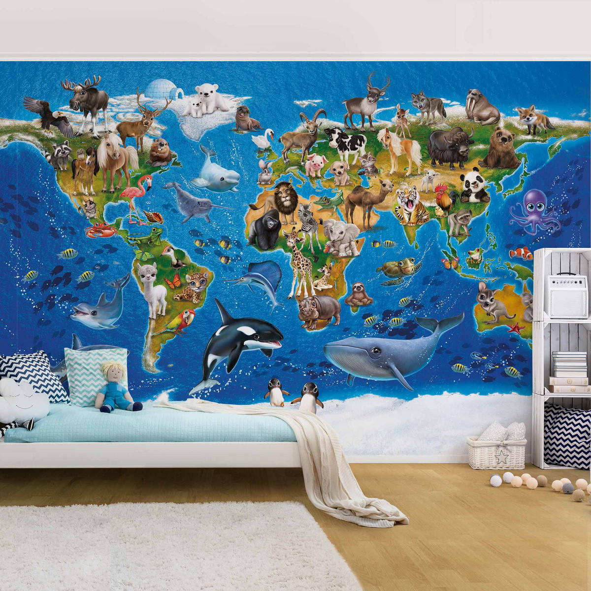 FOTOTAPETE Weltkarte mit Tieren 384/255 cm - Multicolor, Papier (384/255cm) - Bilderwelten