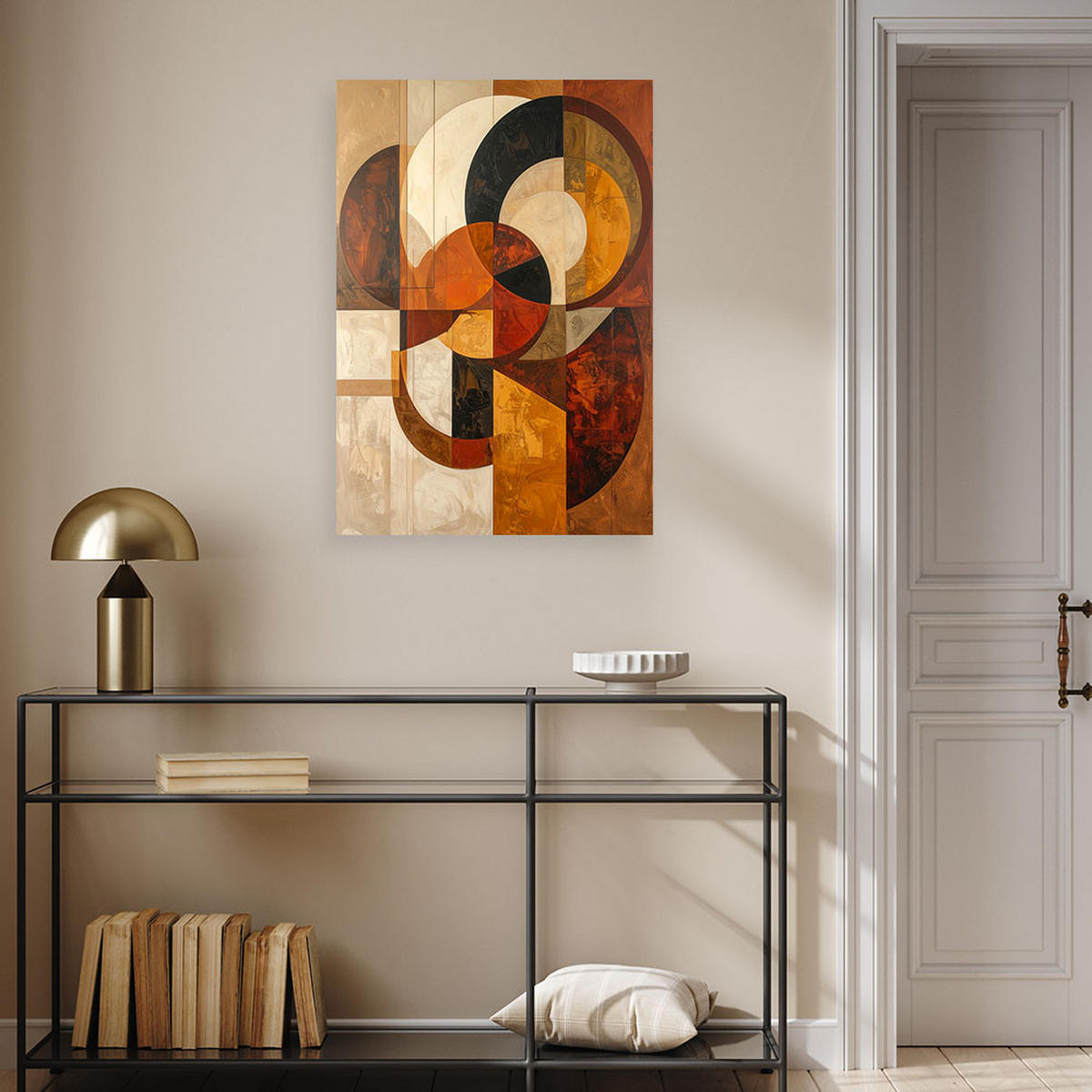 BILD auf Leinwand, Geometrische Abstraktion mit orangefarbenen Kreisen und Quadraten. - Braun, Textil (20/30cm) - Feeby