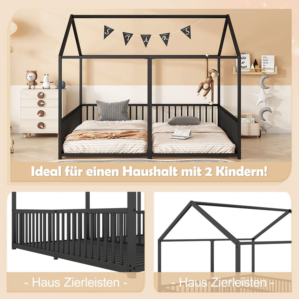 HAUSBETT 90x200cm in Schwarz，Doppelbett Design - Schwarz, Metall (90/200cm) - KOMHTOM