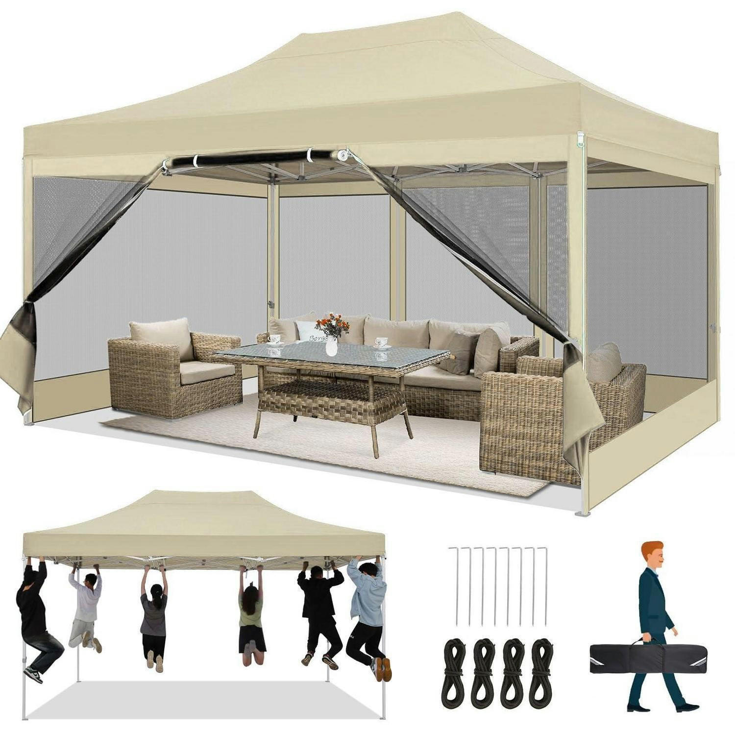FALTPAVILLON 3 x 4,5 m Khaki Wasserdicht mit Moskitonetz - Olivgrün, Textil (300/335/450cm)