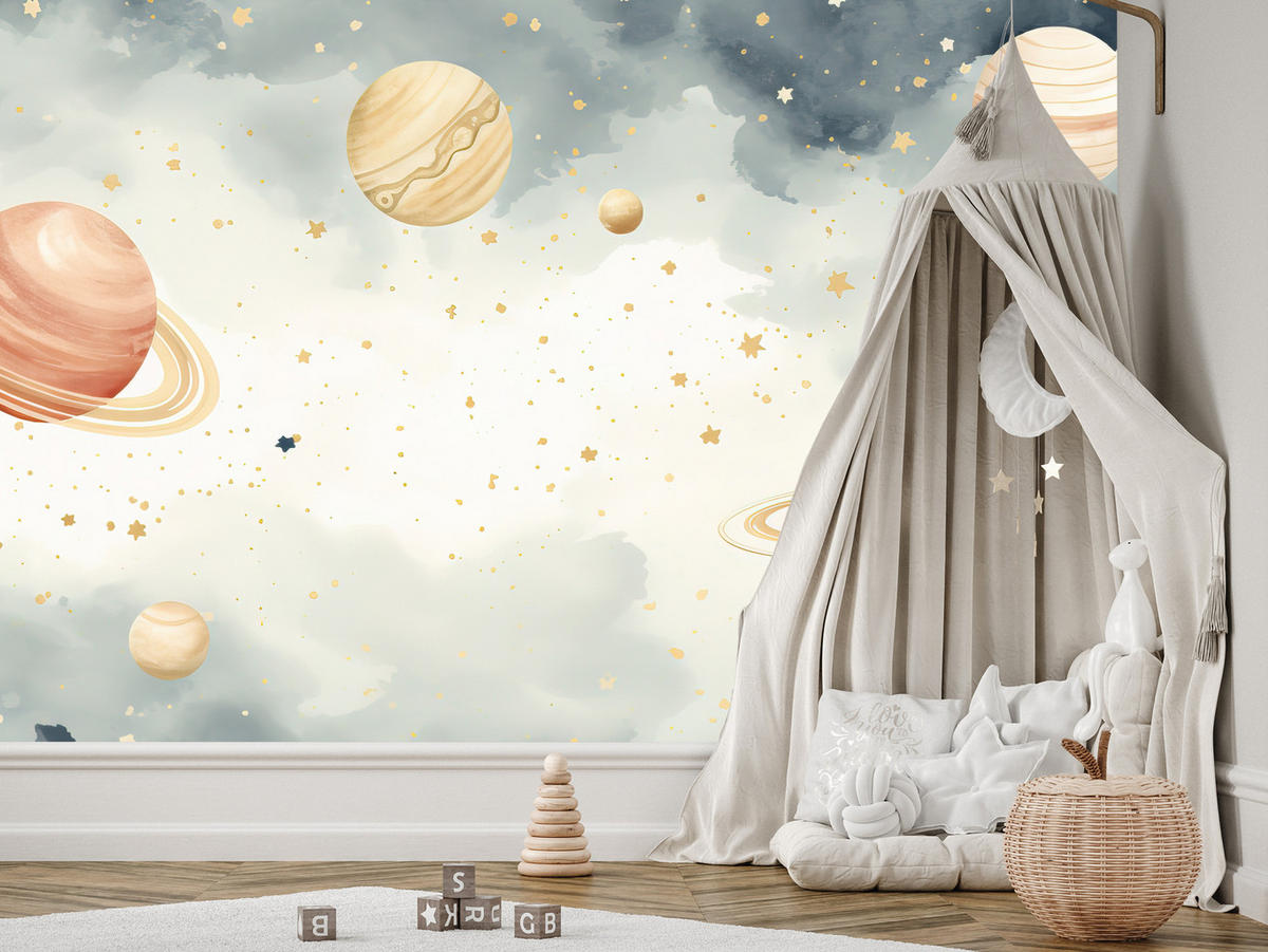 FOTOTAPETE für Kinderzimmer Pastell Planeten Saturn Uran Sterne 150x105 - Blau/Ecru, Papier (150/105cm) - Muralo