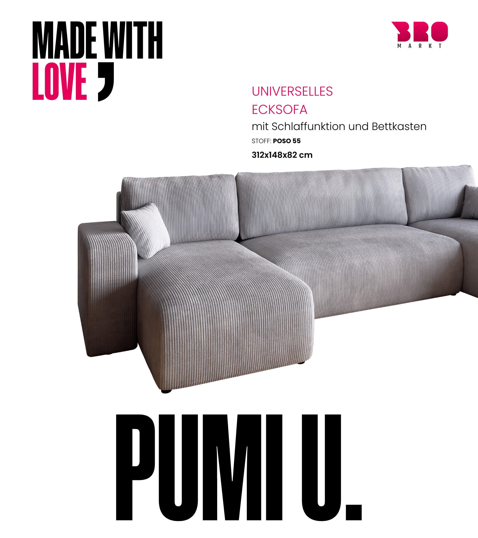 Thumbnail - Bromarkt Wohnlandschaft, Hellgrau, Textil, U-Form, 312x82x148 cm, Wohnzimmer, Sofas & Couches, Wohnlandschaften, Wohnlan...