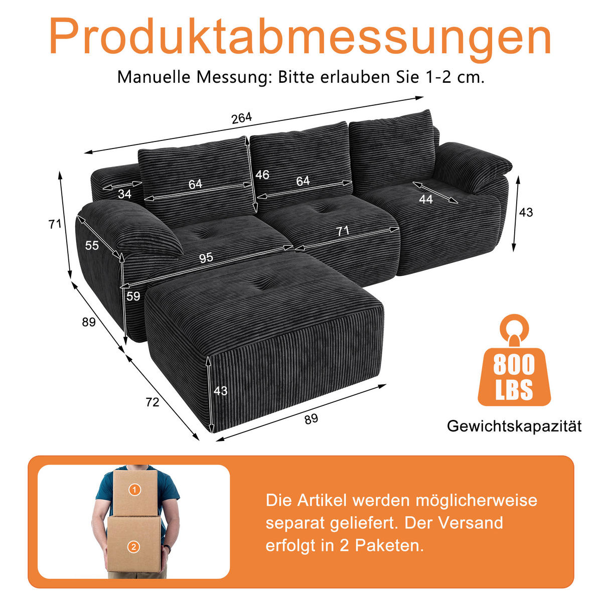 ECKSOFA,3-SITZER-SOFA,CORDSTOFF Stoffsofa L Form mit Hocker,Dunkelgrau - Grau, Textil (264/89cm) - PARAFTA HOME