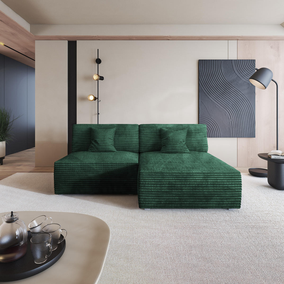 ECKSOFA FIORO Grün Kordstoff mit Schlaffunktion - Grün, Holz (204/148cm) - MASSENO