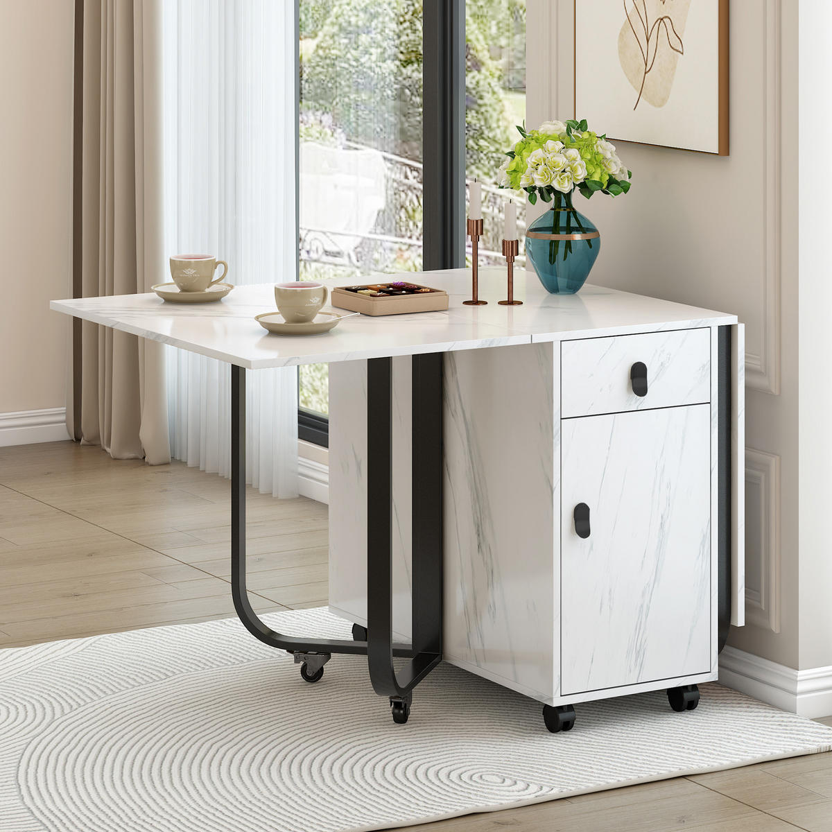 KLAPPBARER Esstisch 60 kg mit 2 Schubladen und Riemenscheibe Weiß MDF - Schwarz/Weiß, Holzwerkstoff (150/80/76cm) - OKWISH