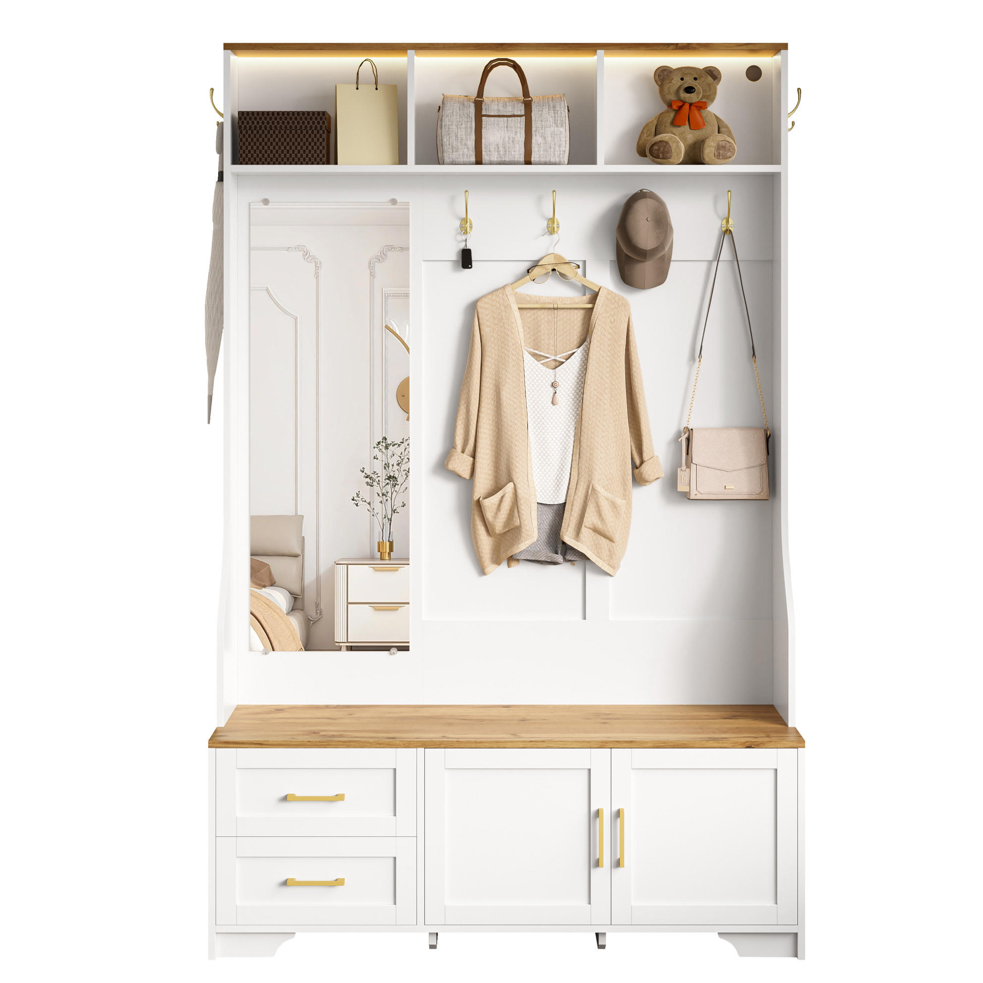 GARDEROBENSCHRANK mit LED und Spiegel 120 x 40 x 187 cm MDF Weiß/Holzoptik - Weiß, Holzwerkstoff (40/187/120cm) - Beauniv