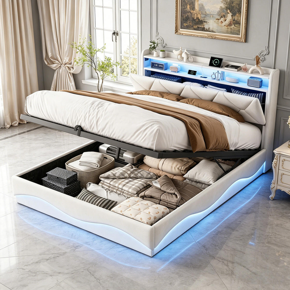 STAURAUMBETTEN 160 x 200, Doppelbett mit Bettkasten und Lattenrost, Kopfteil, LED, USB, Samt, beige - Beige, Holzwerkstoff/Textil (160/200cm) - GENKI LIVING
